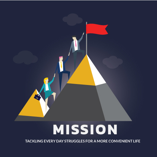 Illustration mit dem Titel Mission, drei Menschen halten sich an den Händen und klettern auf eine Pyramide mit einer roten Flagge an der Spitze.