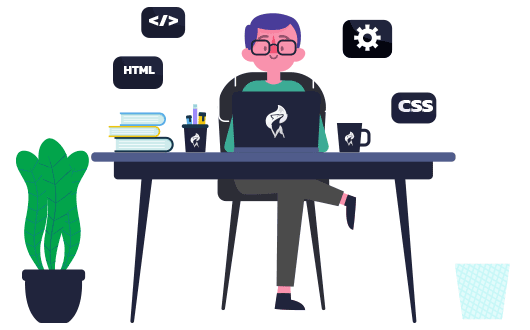 Ein Mann sitzt an einem Schreibtisch mit einem Laptop. Im Hintergrund sind mehrere Logos zu sehen (HTML, CSS, Zahnrad und </>).